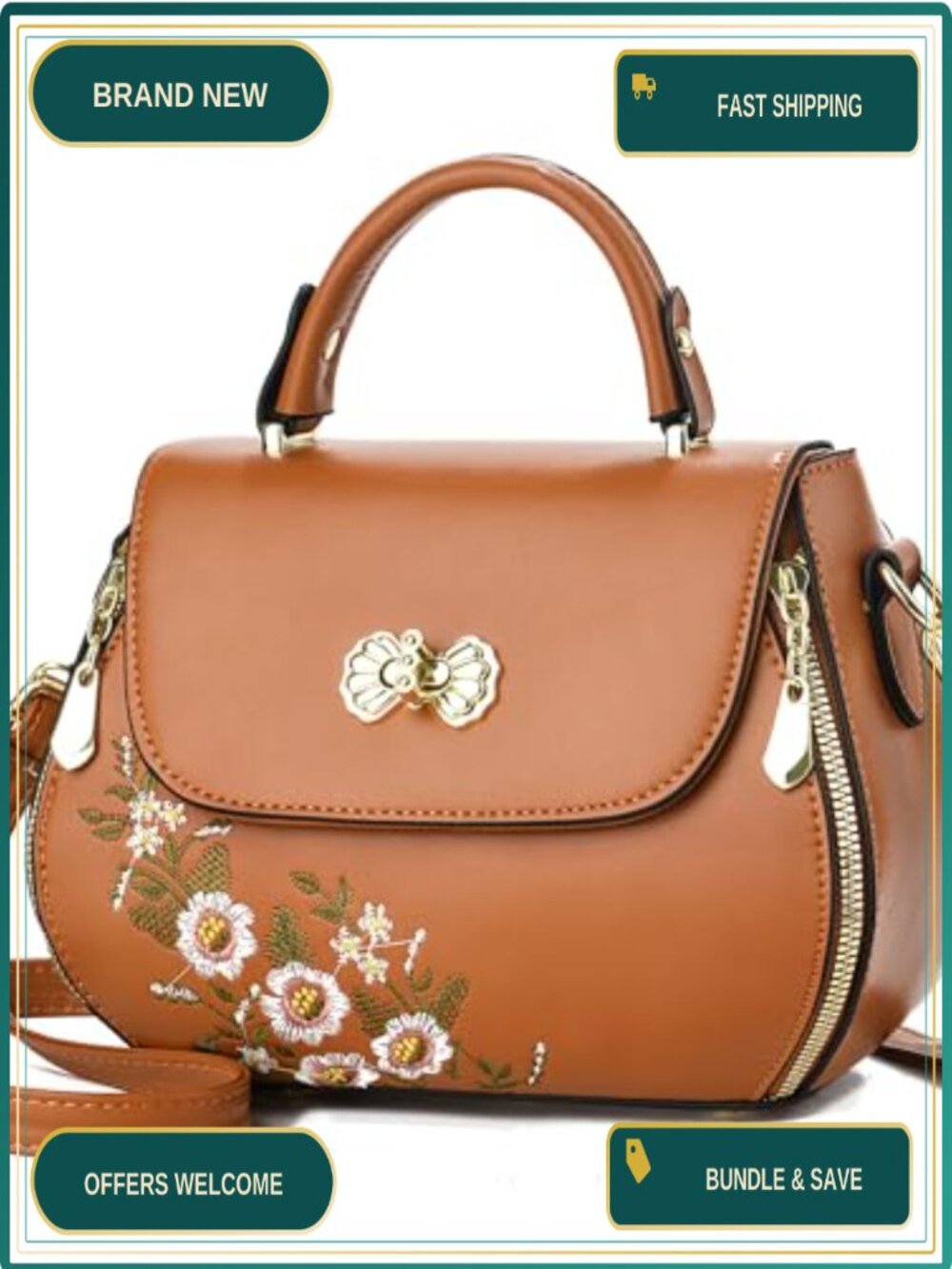 Embroidered Satchel Purse Small Top Handle Convertible Crossbody Bag PU